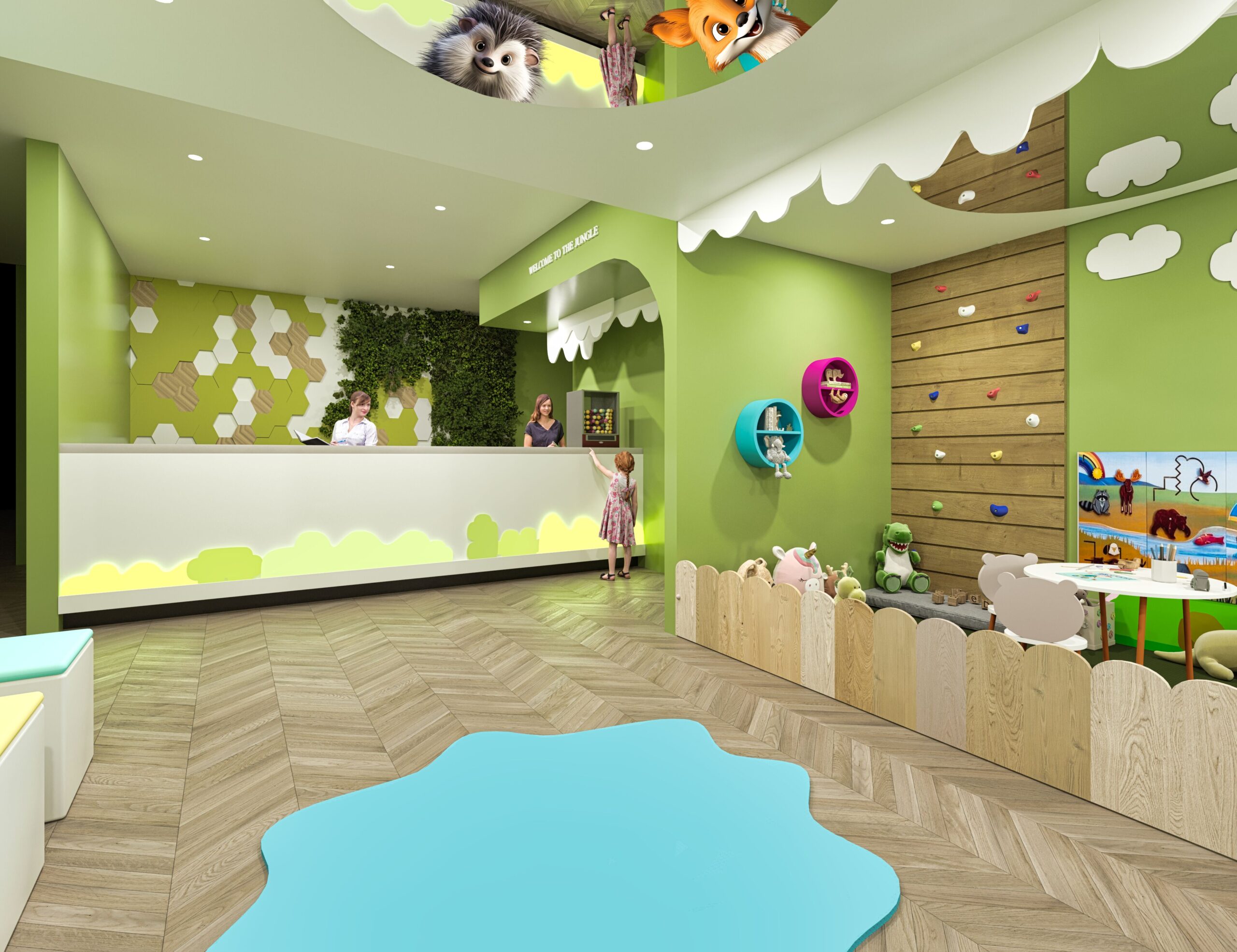 reception-play-area.jpg jungle pediatric dental design with reception desk and children’s play area