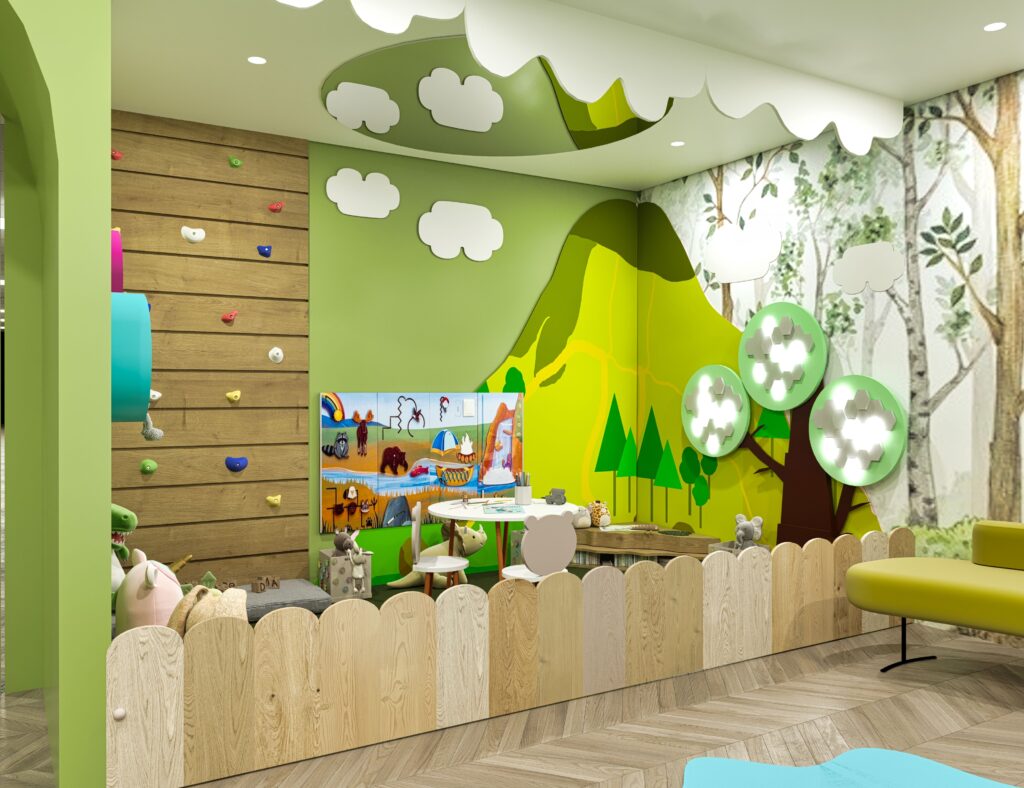 jungle pediatric dental play space with climbing wall and forest mural