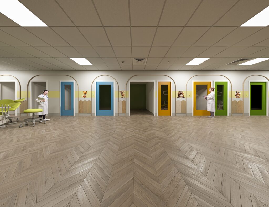 jungle pediatric dental treatment hallway with colorful doors and animal graphics