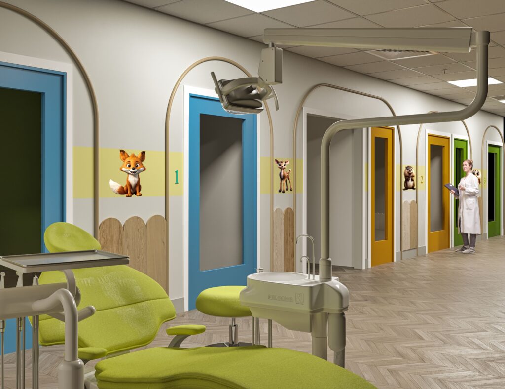 jungle pediatric dental treatment room with colorful doors and child-friendly graphics
