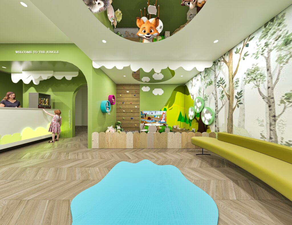 jungle pediatric dental waiting area with play zone and forest wall graphics