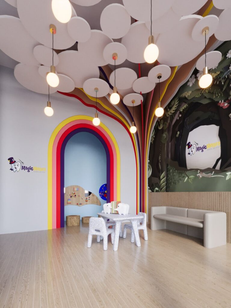 pediatric dental waiting area with cloud ceiling lights and rainbow play entrance