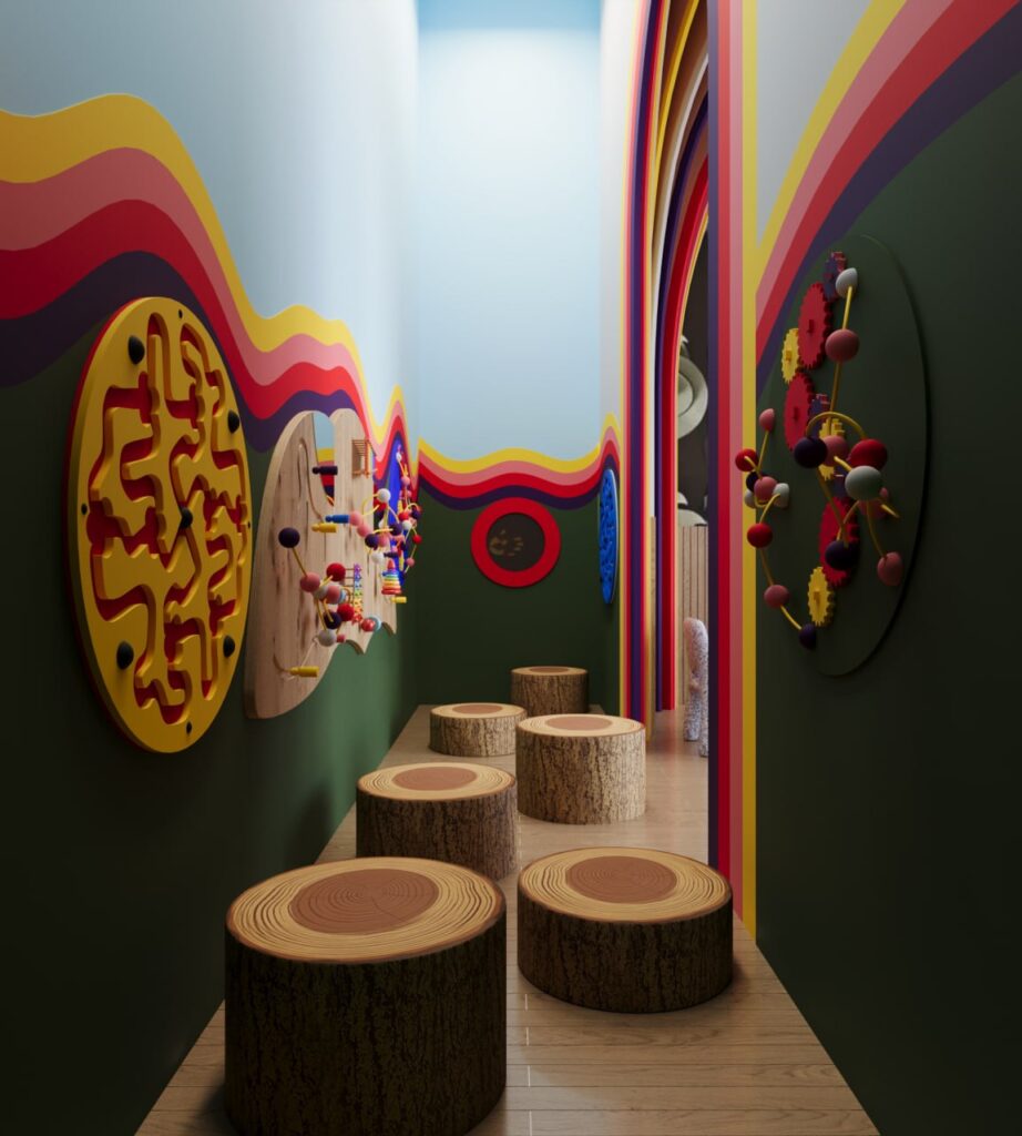 colorful pediatric dental lobby with cloud ceiling and child-friendly seating