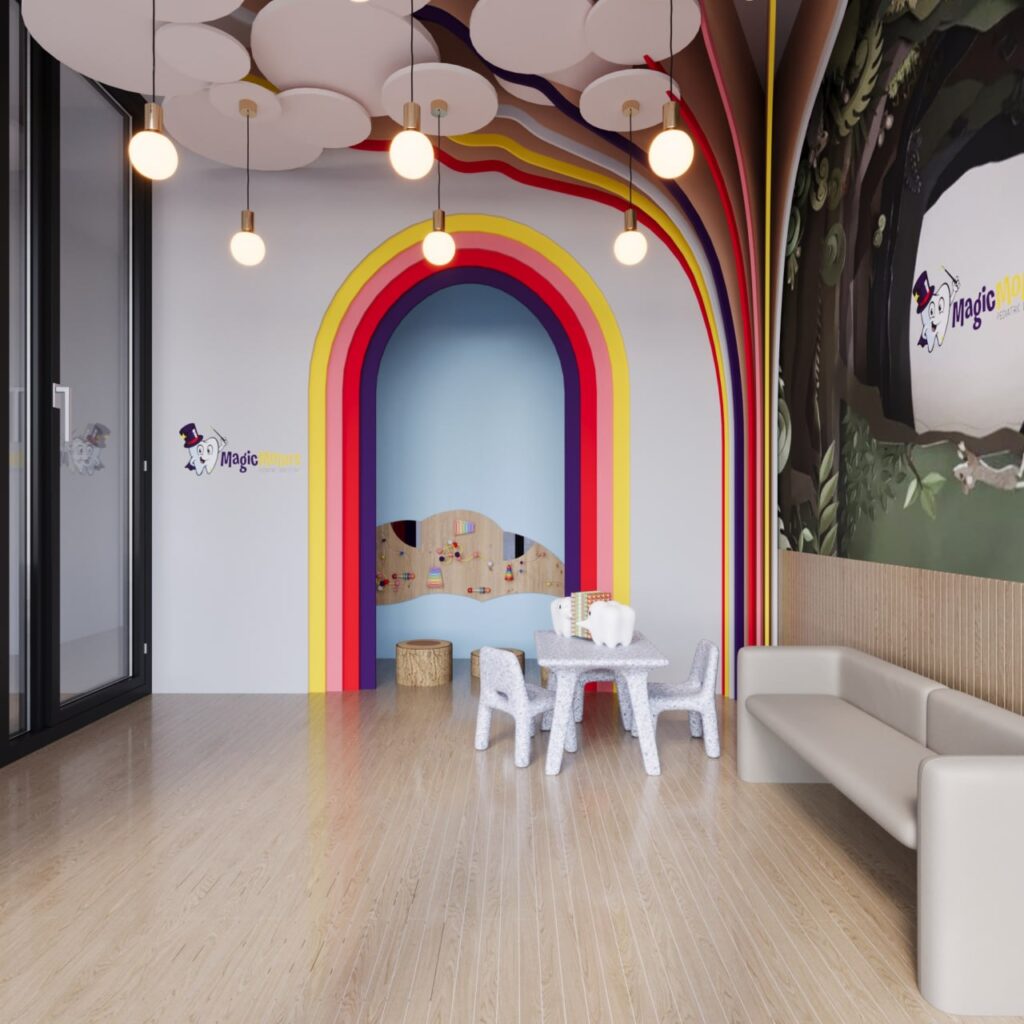child-friendly dental waiting room with rainbow arch and small play area