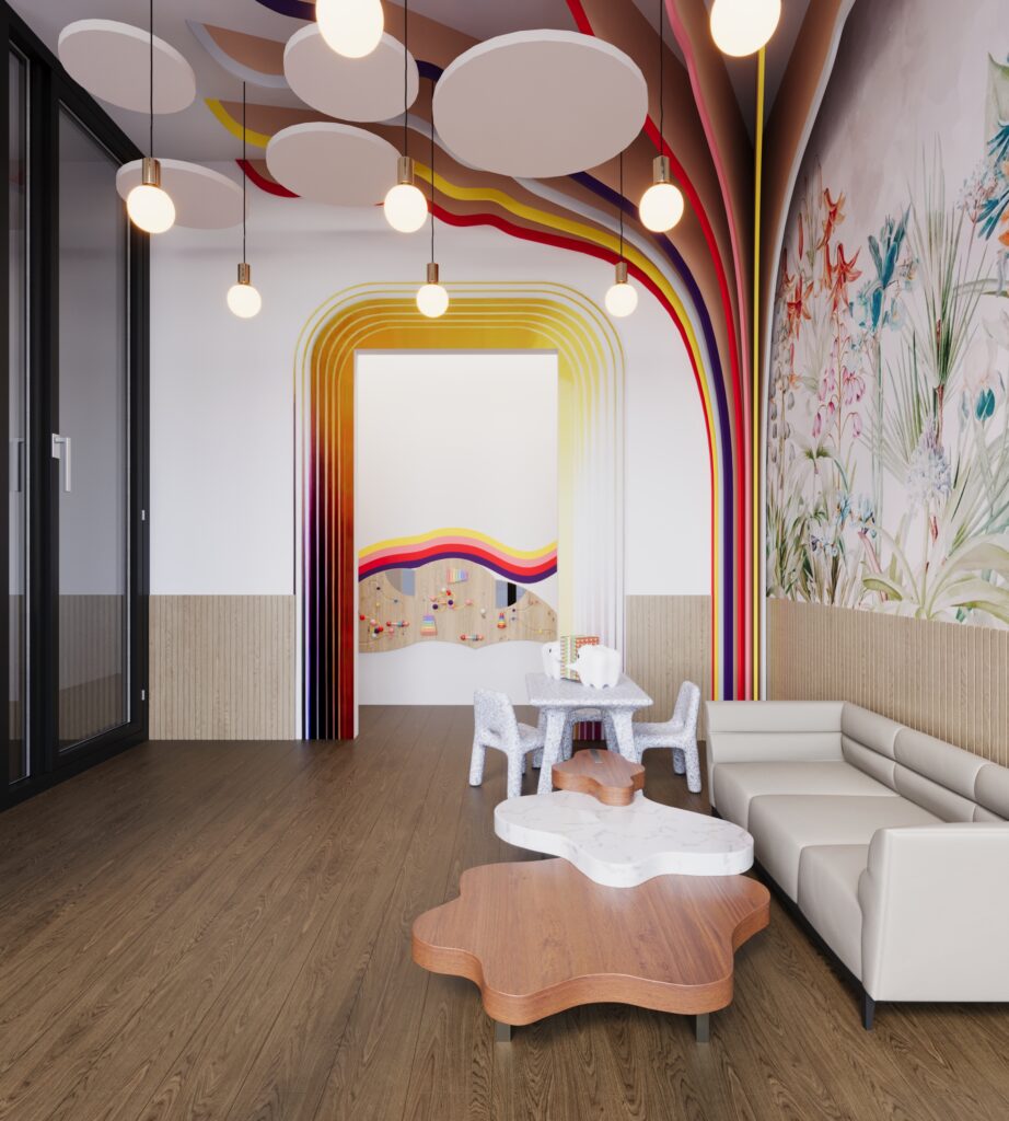 pediatric dental interior with rainbow arch, cloud ceiling, and child seating