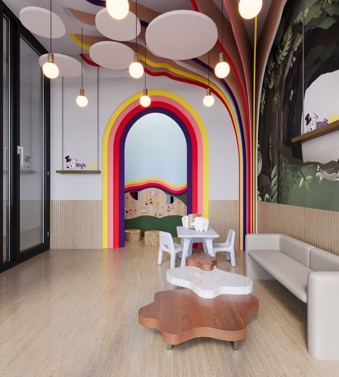 pediatric dental waiting room with rainbow arch, cloud ceiling, and mural wall