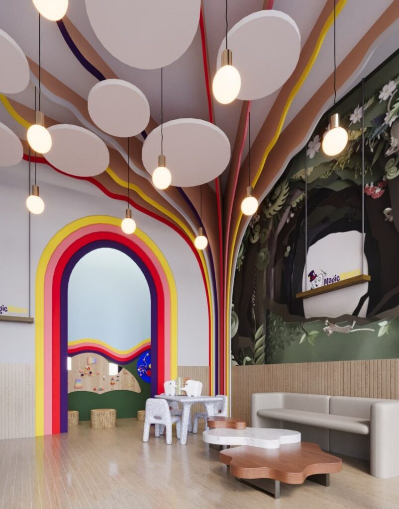 pediatric dental sensory wall with colorful interactive games and wood stools
