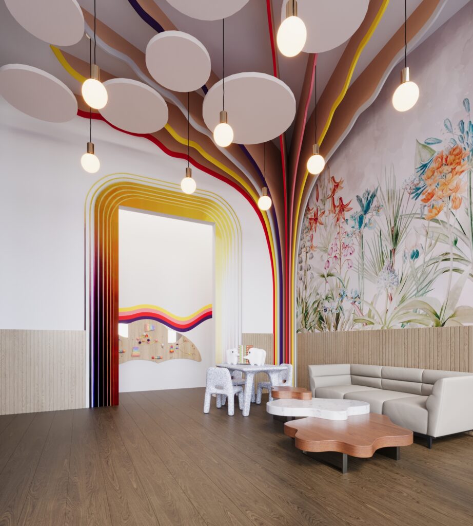 pediatric dental interior design with rainbow ceiling and soft waiting area