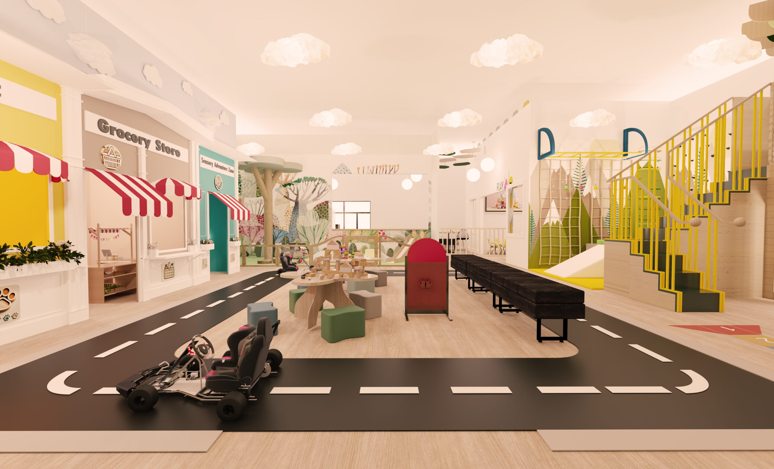 indoor playground with climbing area, activity road, and pretend play storefronts