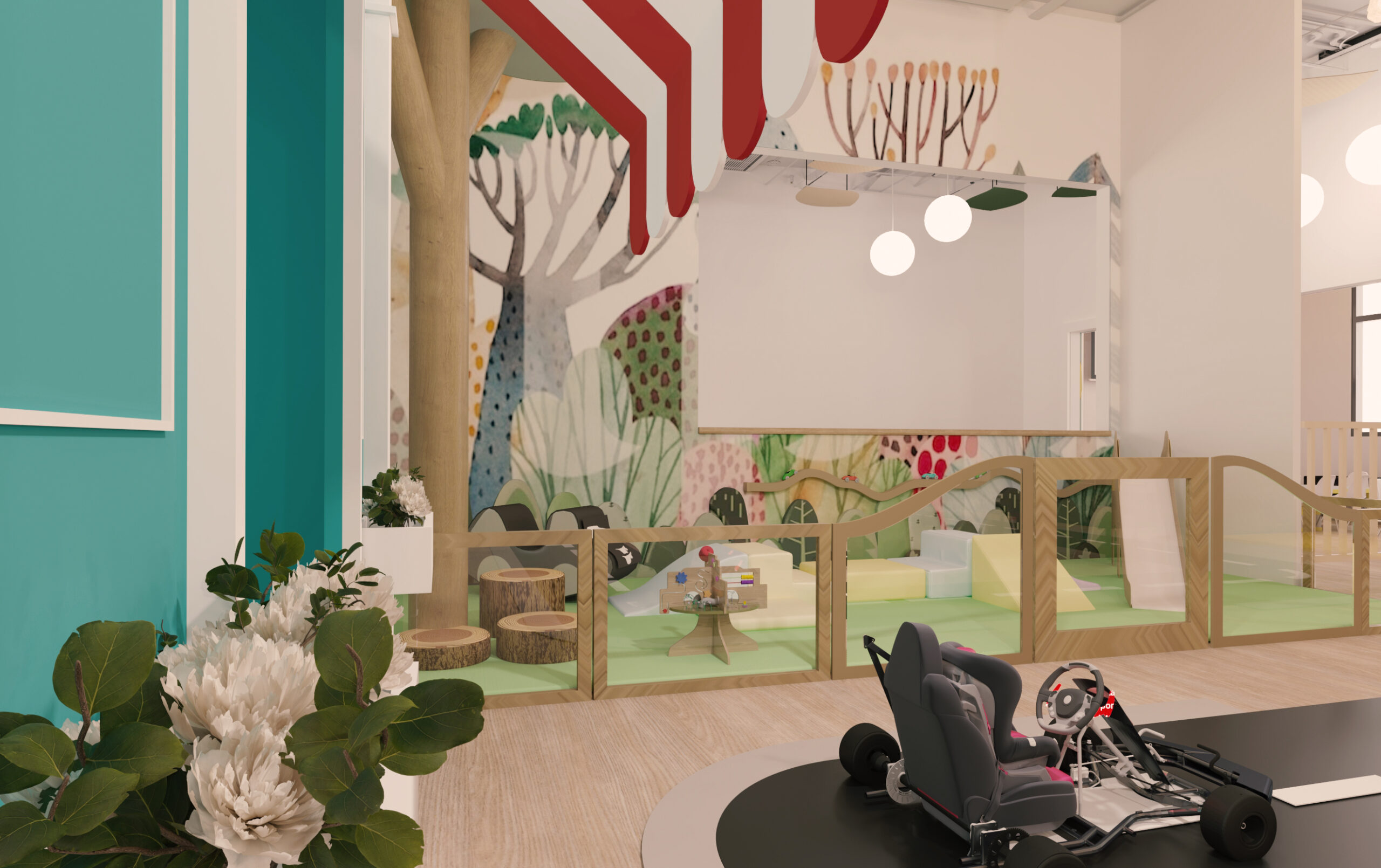 indoor playground entry with cafe seating, cubbies, and dessert display