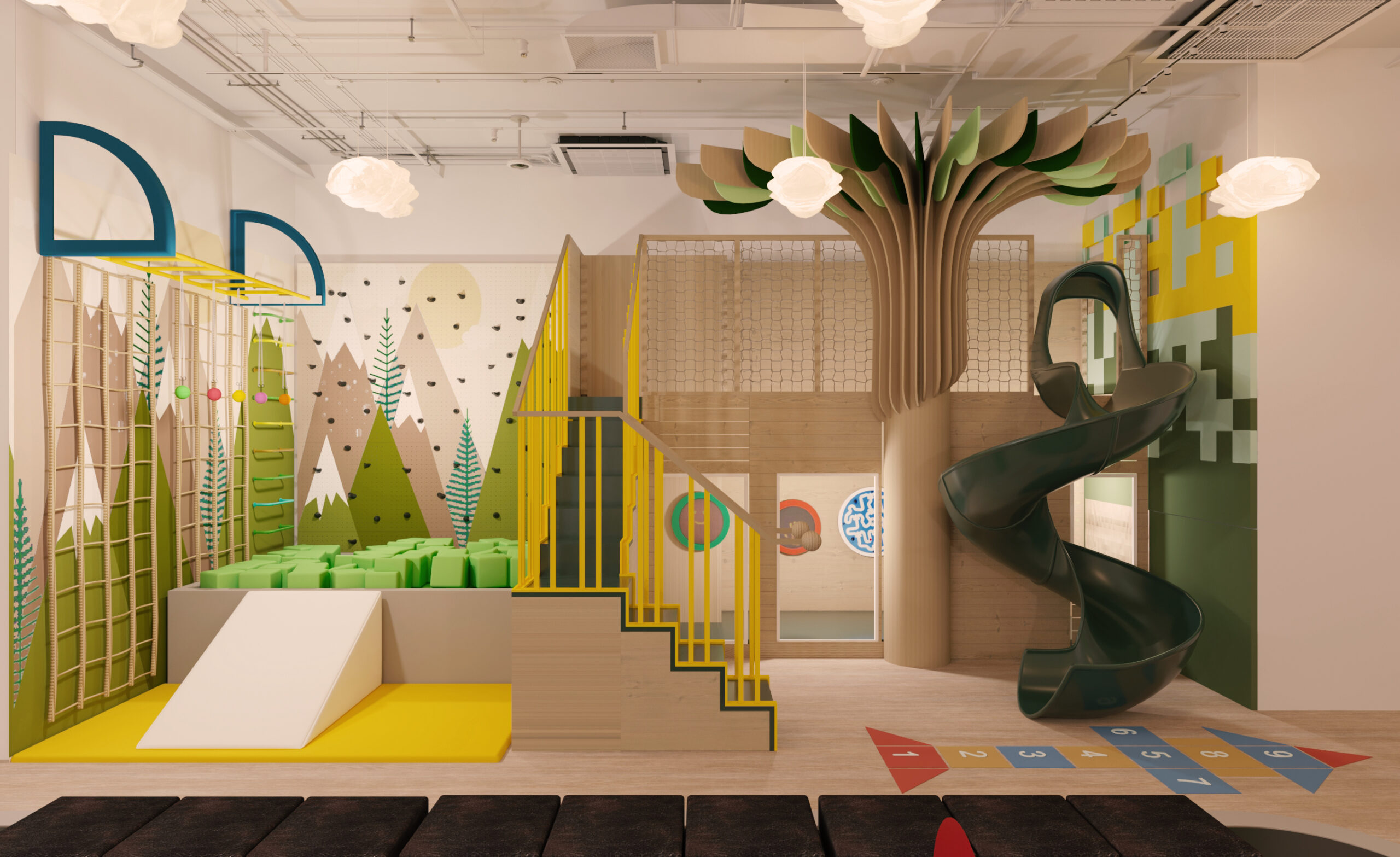 indoor playground nature play zone with soft climbers and wood fence