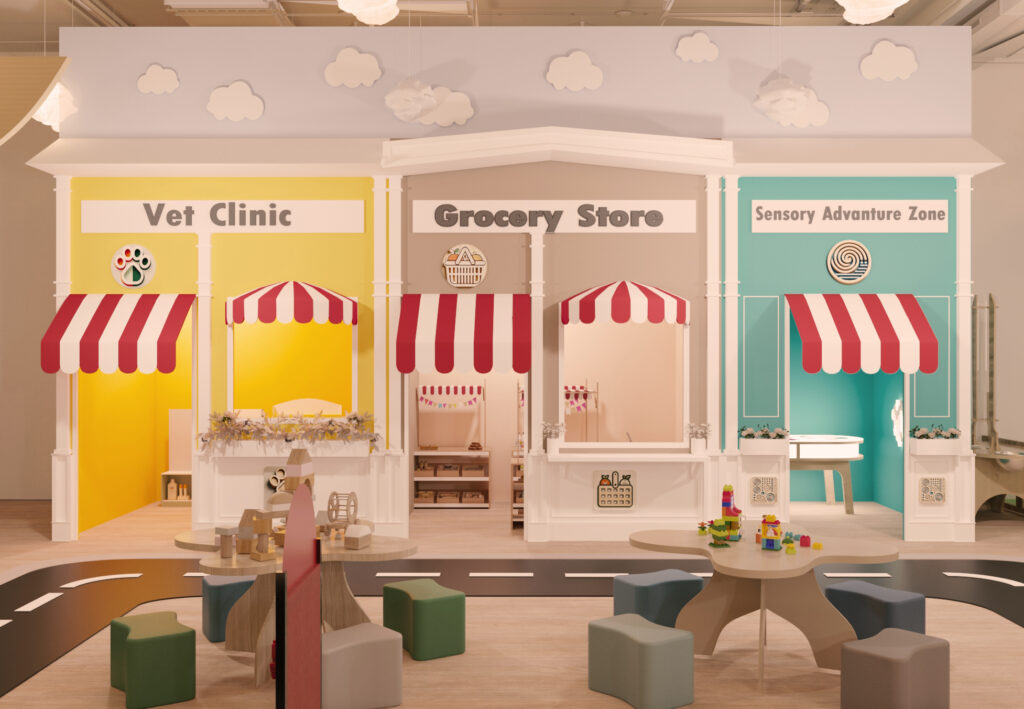 indoor playground with vet clinic, grocery store, and sensory adventure zone