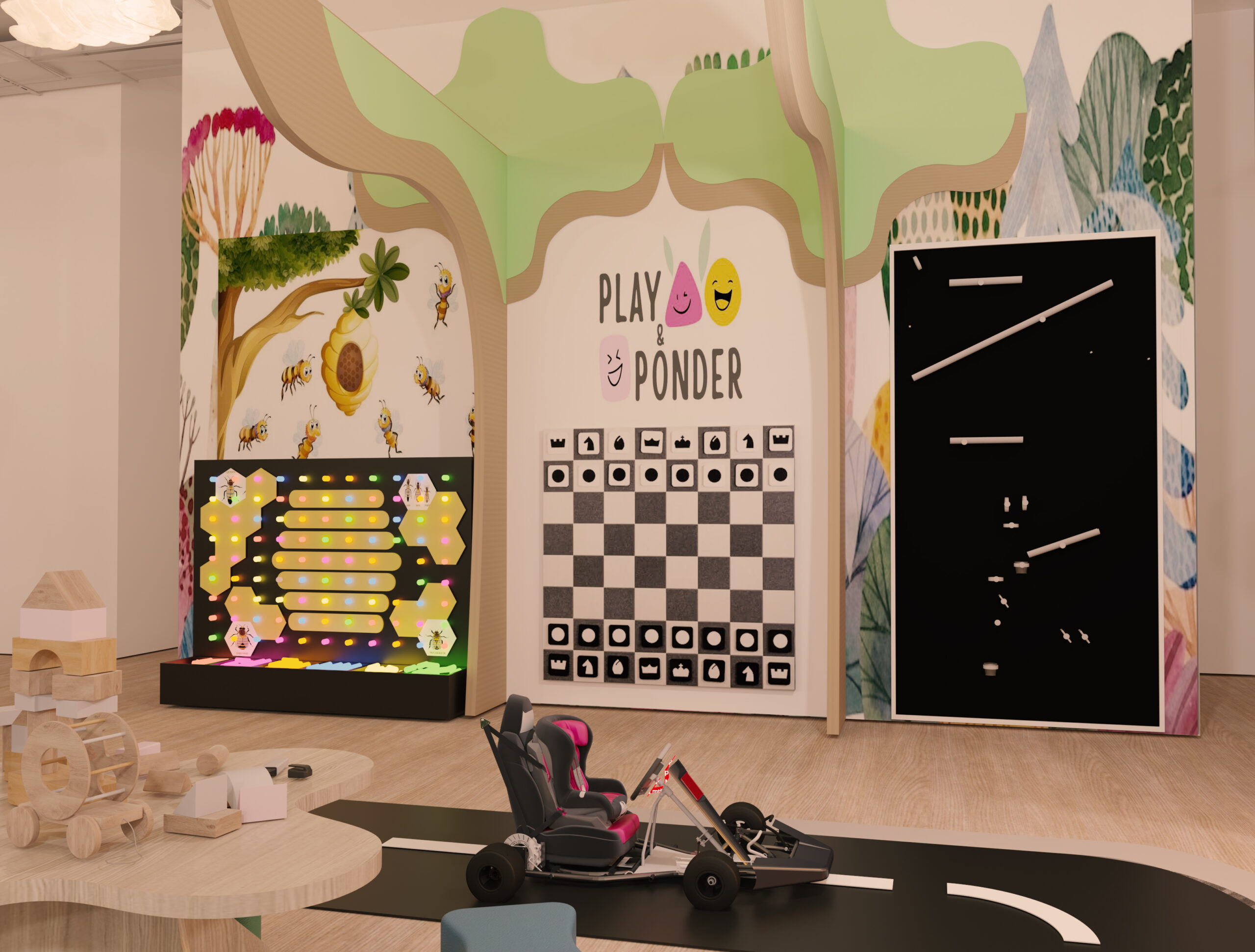 indoor playground with road track, pretend play storefronts, and climbing structure