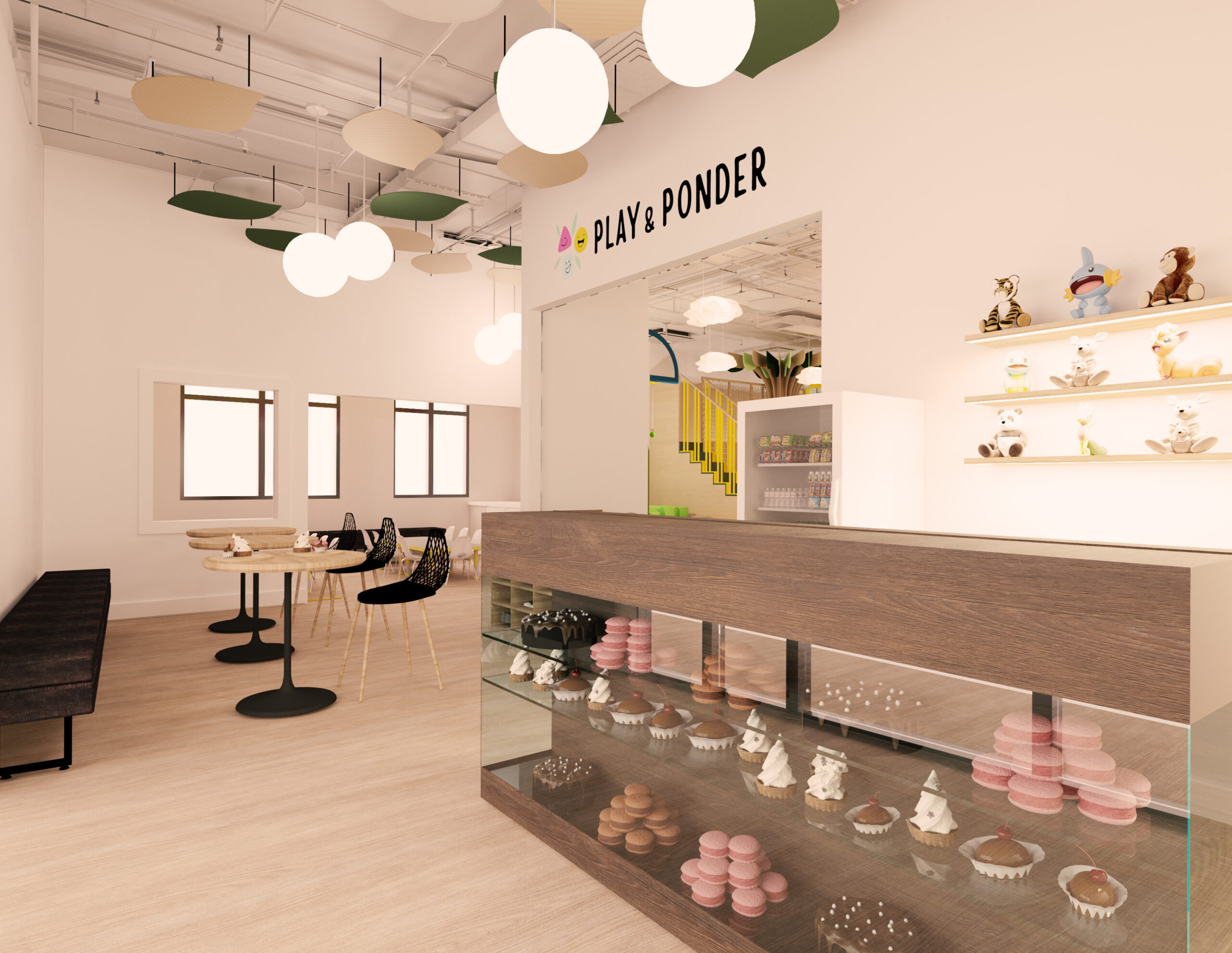 indoor playground cafe seating viewed through interior window