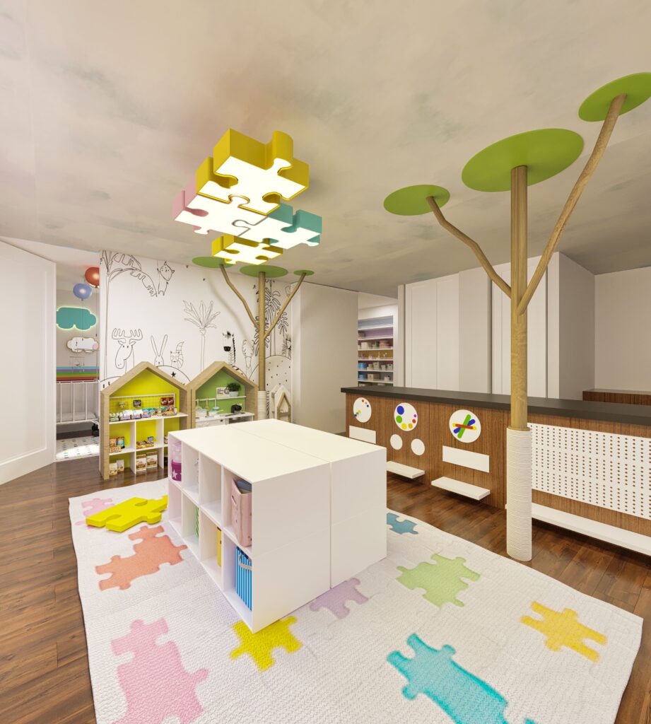 home daycare interior with puzzle rug, storage island, tree decor, and open play area