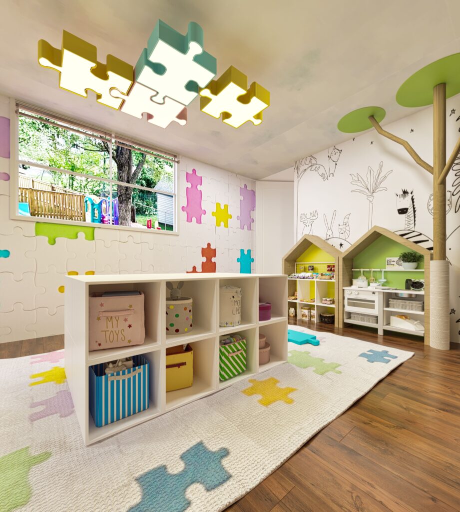 home daycare playroom with puzzle rug, cubby storage, pretend kitchen, and colorful ceiling light