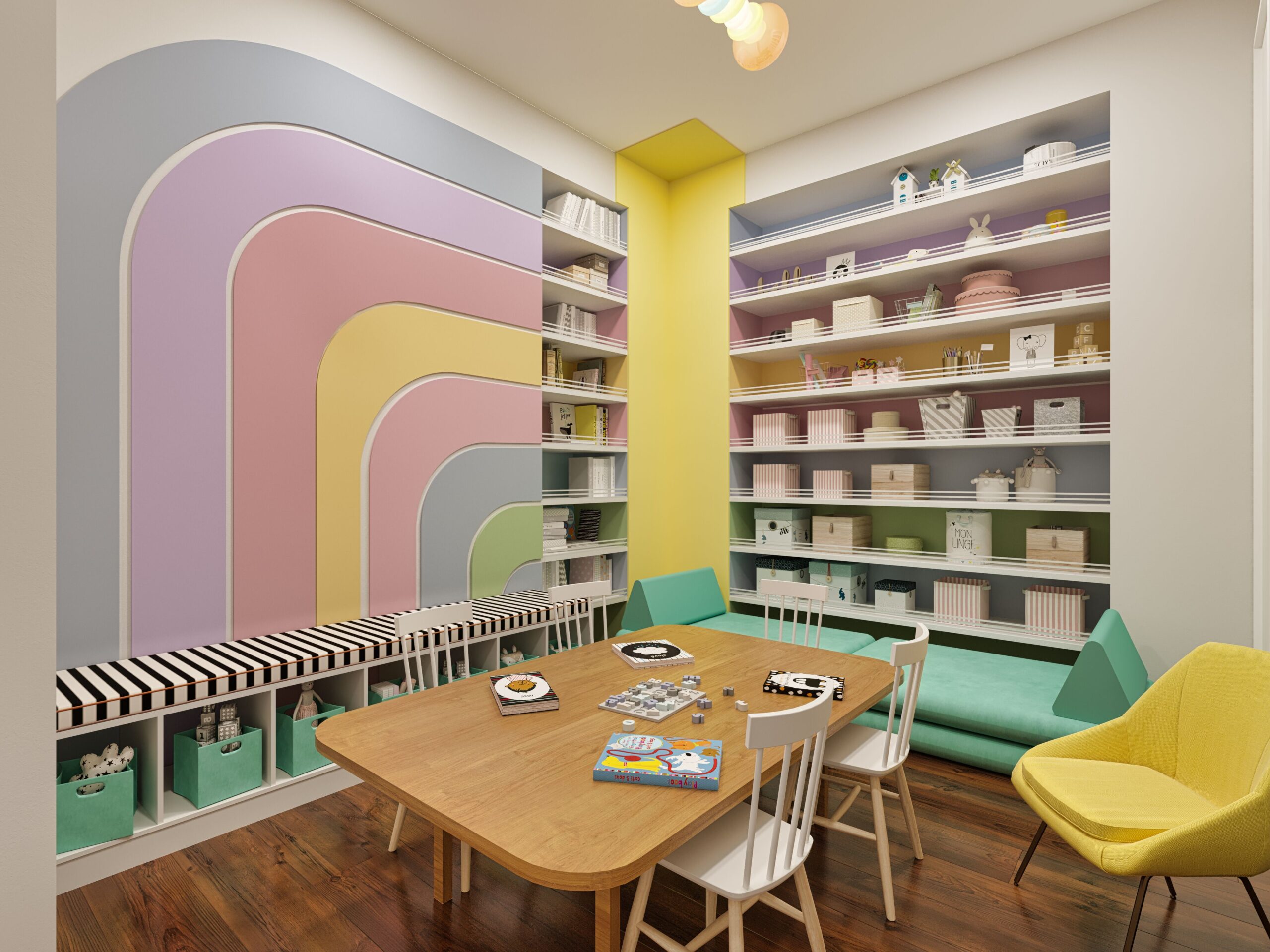 home daycare reading and activity room with pastel rainbow wall, storage shelves, and child-sized table