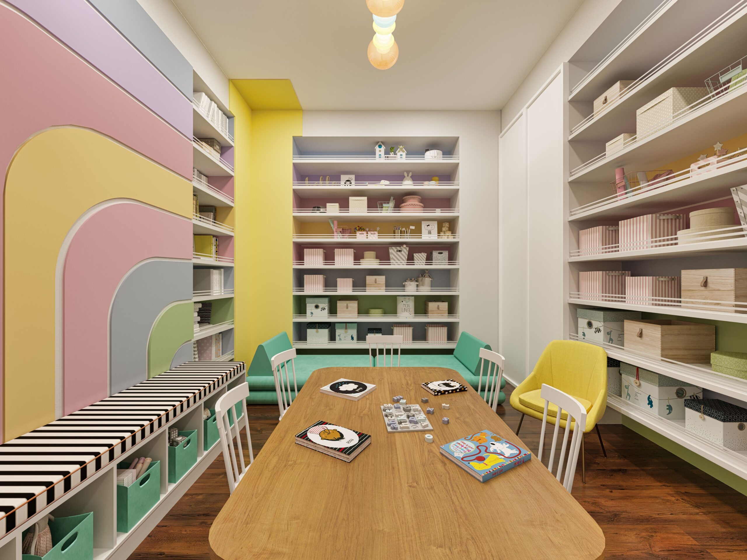 home daycare activity room with open shelves, rainbow wall decor, soft seating, and organized storage