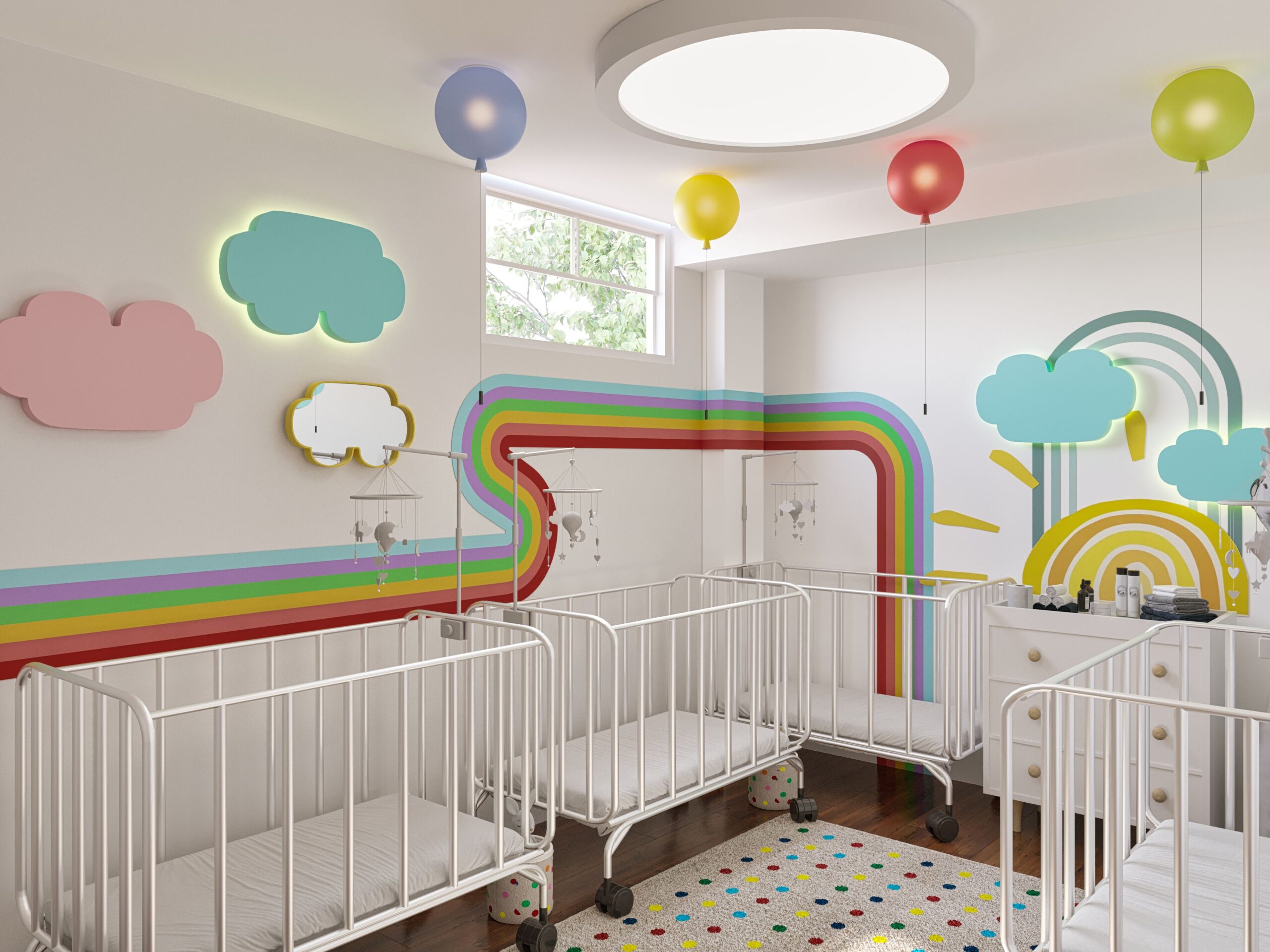 home daycare design with infant cribs, rainbow wall graphics, cloud lights, and colorful rug