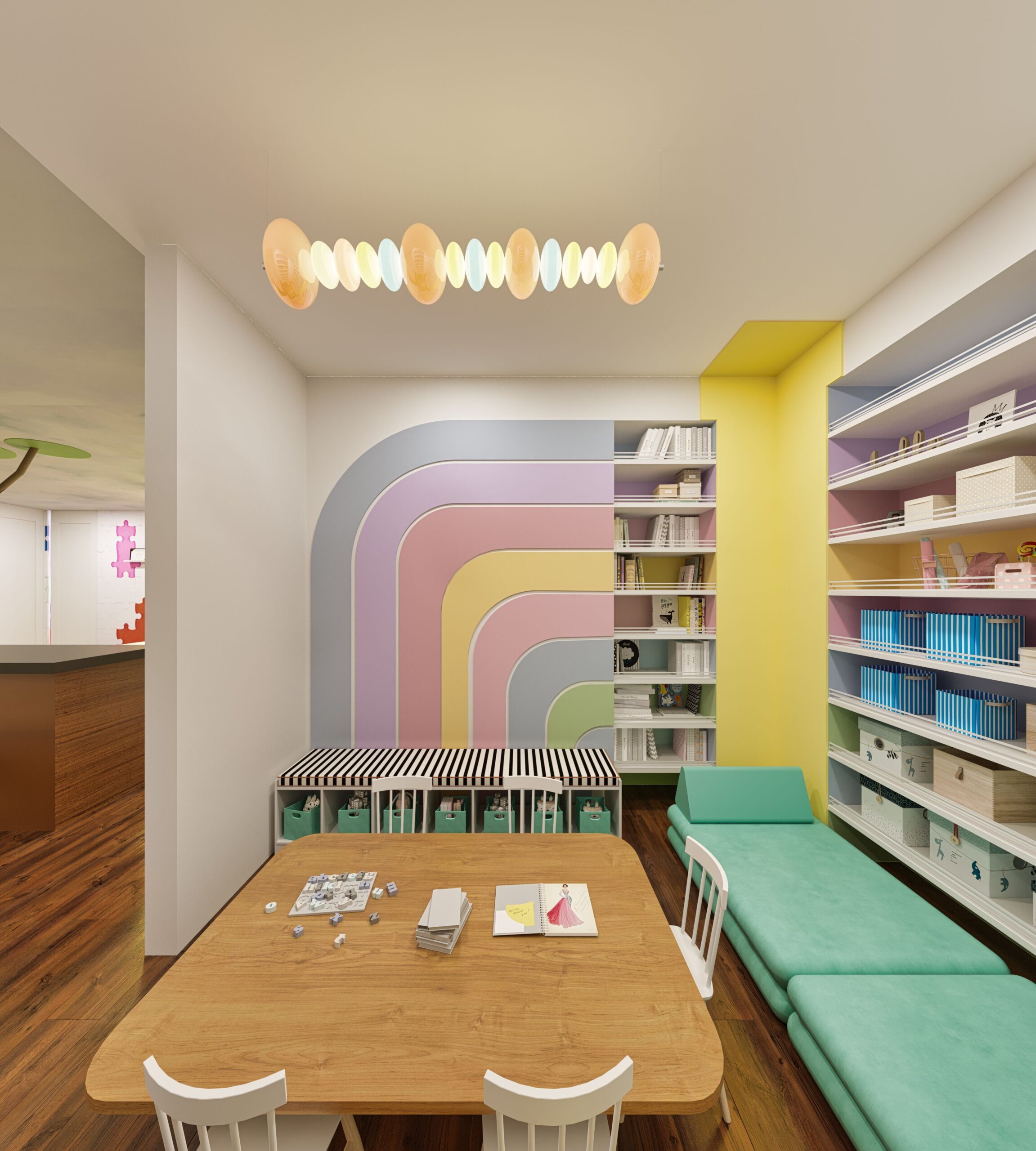 home daycare learning corner with rainbow wall feature, activity table, bookshelves, and soft bench seating