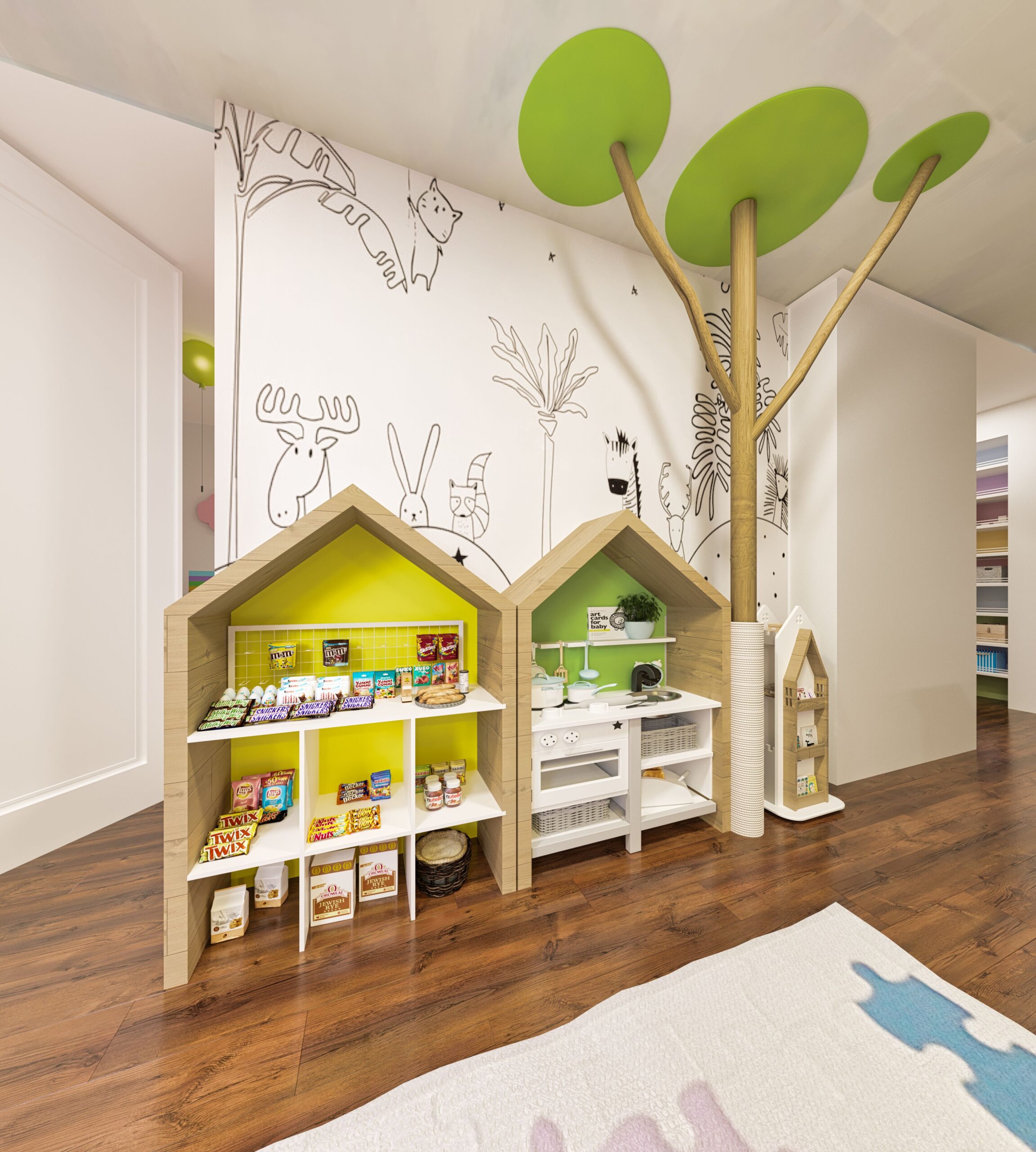 home daycare pretend play area with house-shaped shelves, toy kitchen, tree decor, and playful storage