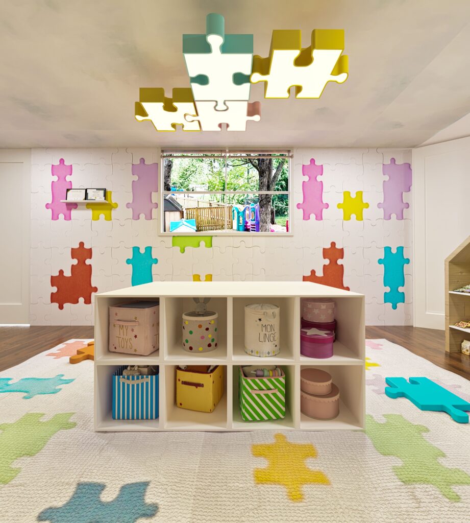 home daycare playroom with puzzle wall design, toy storage, colorful rug, and child-friendly furniture