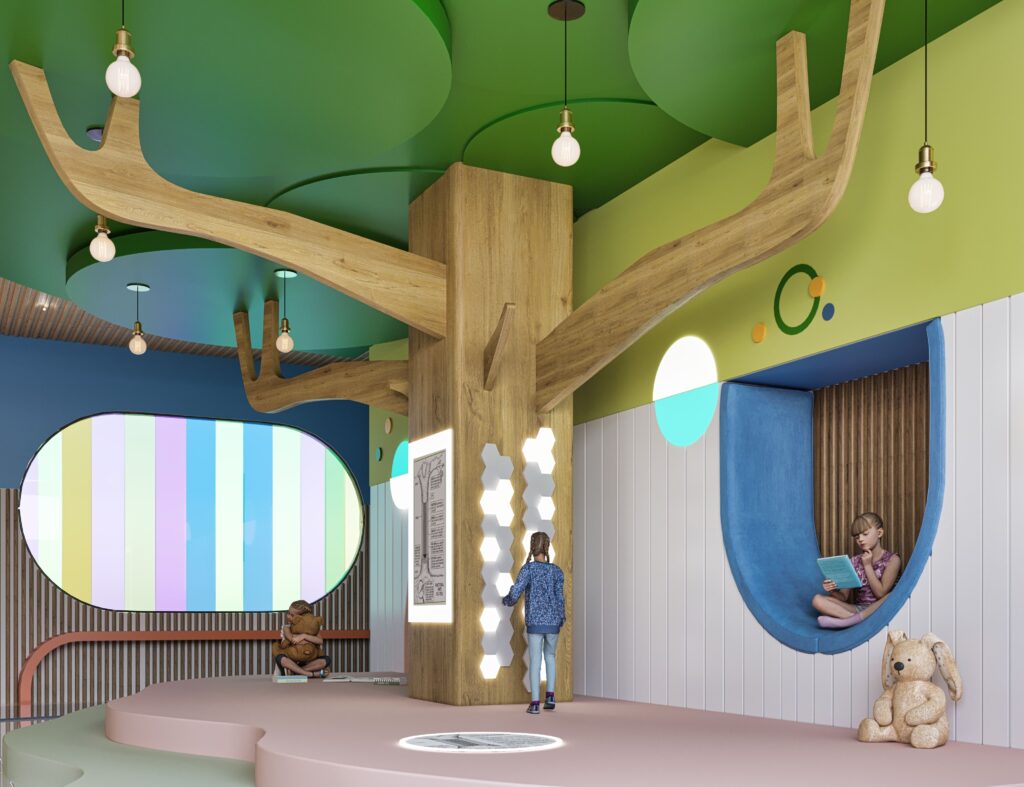 child friendly lobby design with sculptural tree, soft lighting, and reading spaces