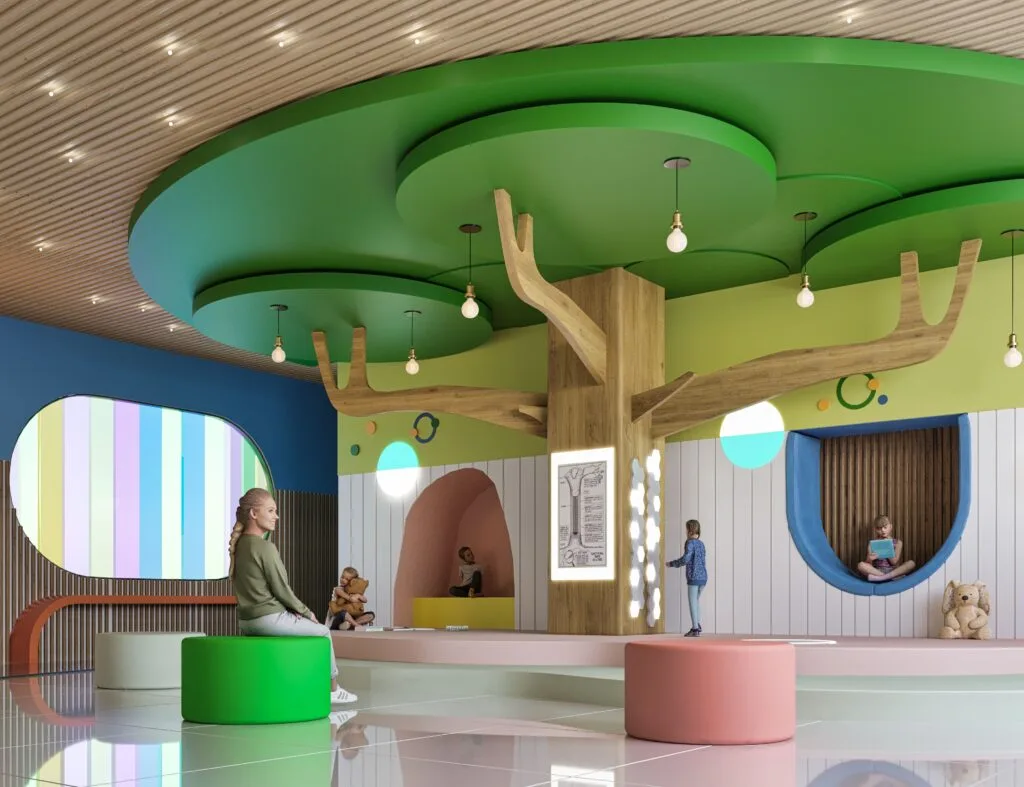 Home 3 indoor play lobby with soft seating, tree ceiling feature, and nature inspired colors