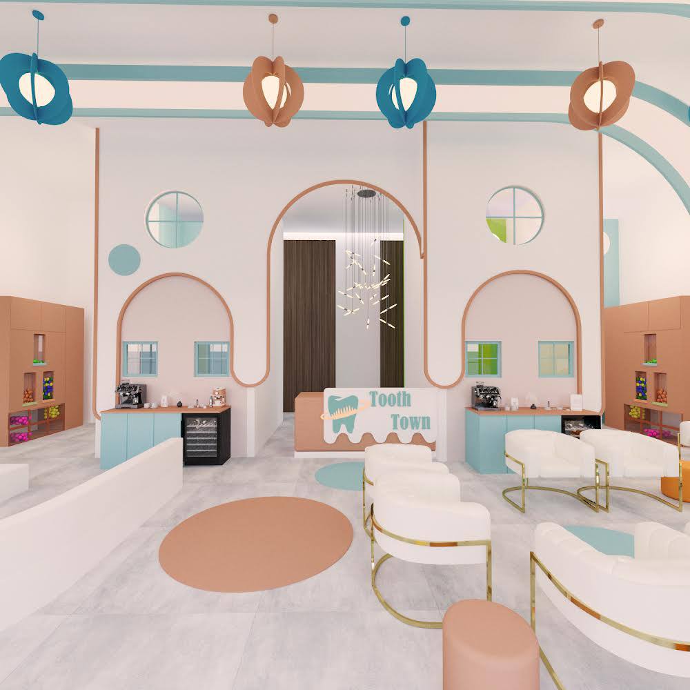 pediatric dental center activity room with magnetic board and creative play area