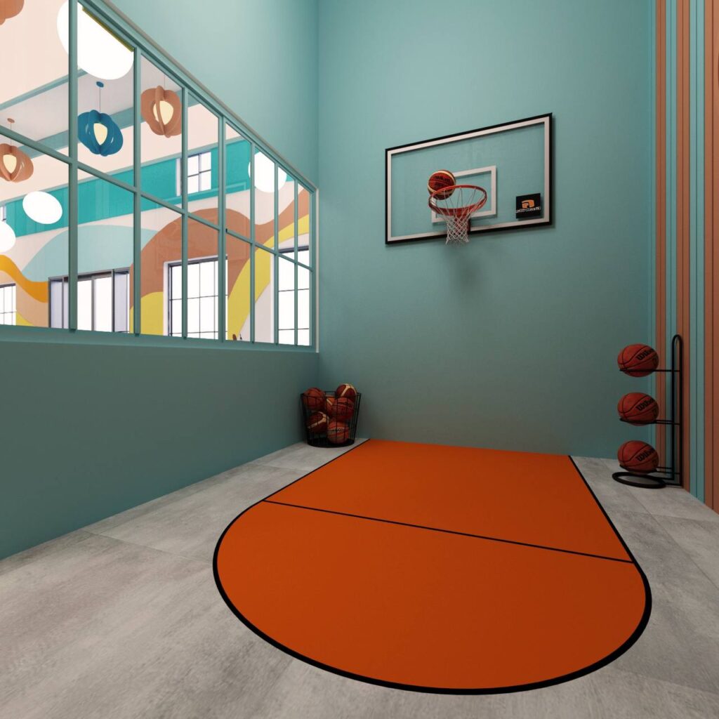 children’s dental center with basketball play area and teal walls