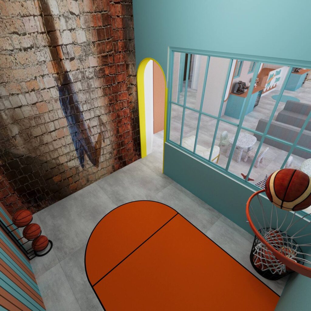 pediatric dental center design with basketball room and colorful interior window