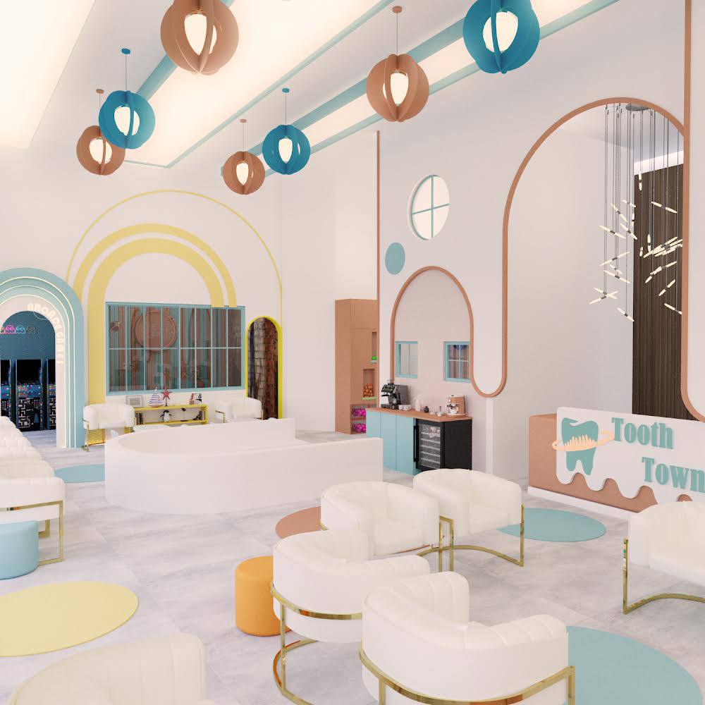 pediatric dental lobby with pastel colors, soft seating, and curved wall graphics