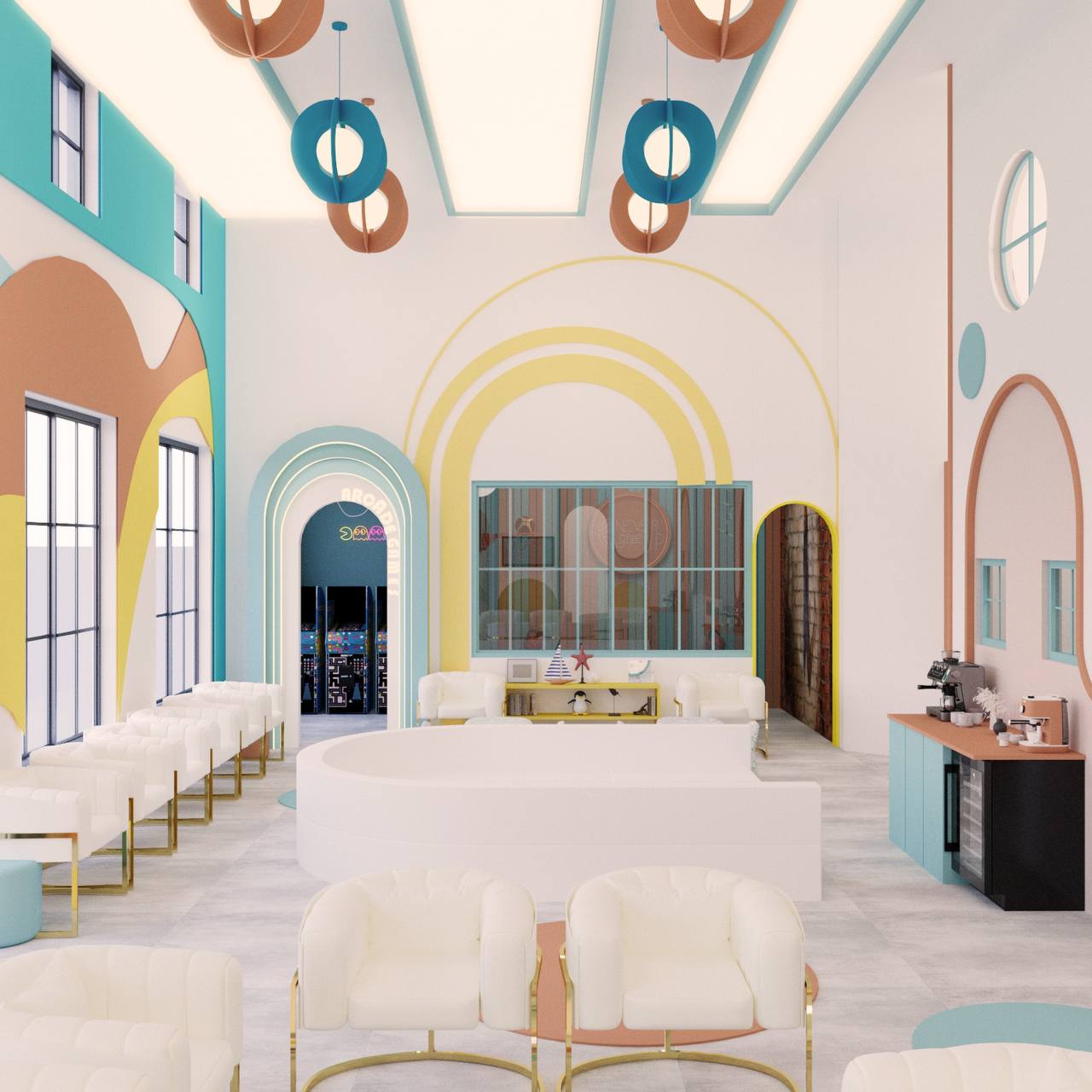 children’s dental activity room with tree wall feature and art table