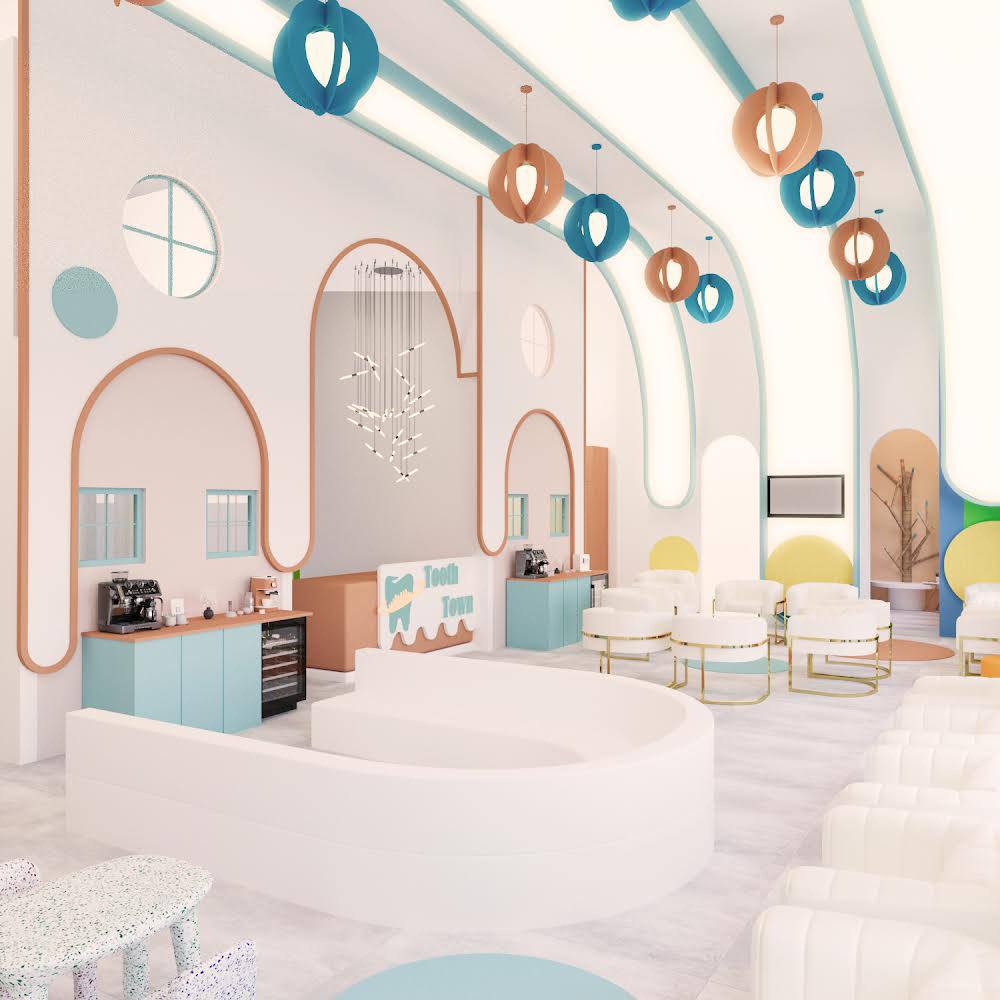 pediatric dental center design with curved reception desk and playful ceiling lights