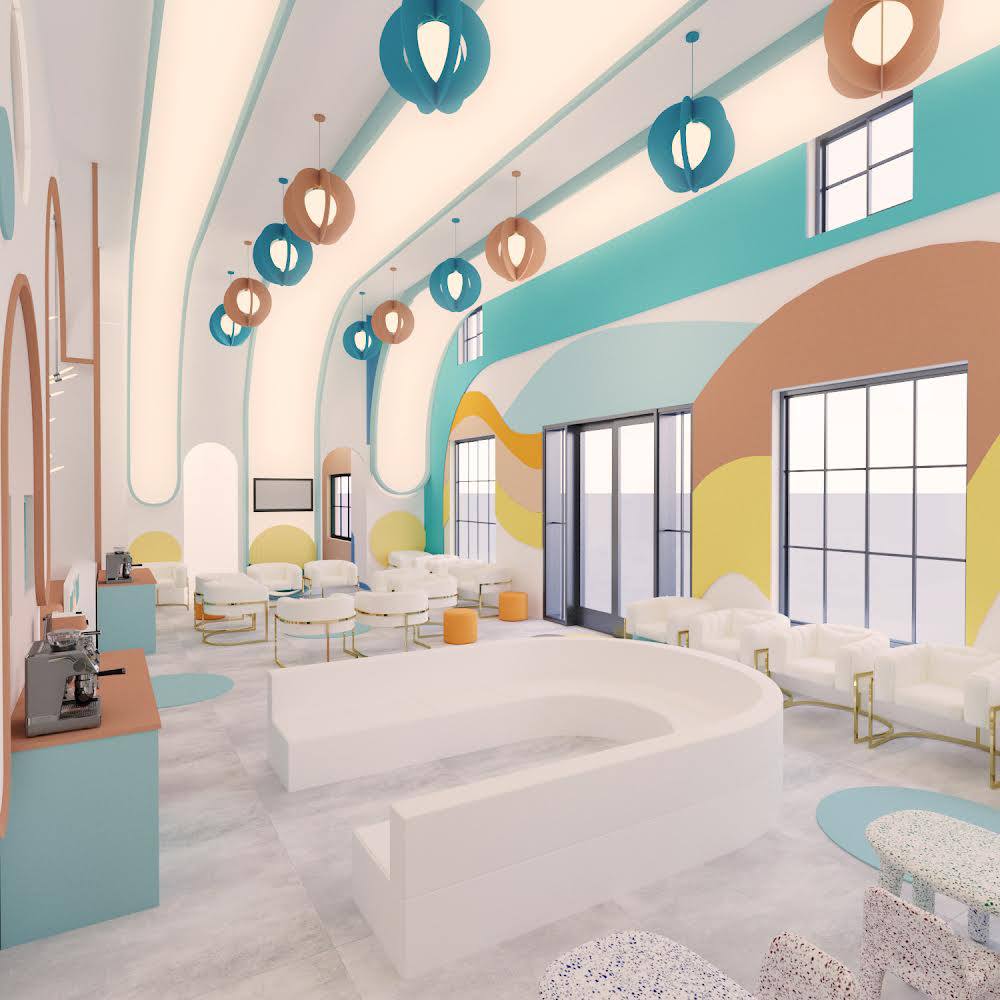 pediatric dental center waiting area with curved walls and pastel seating