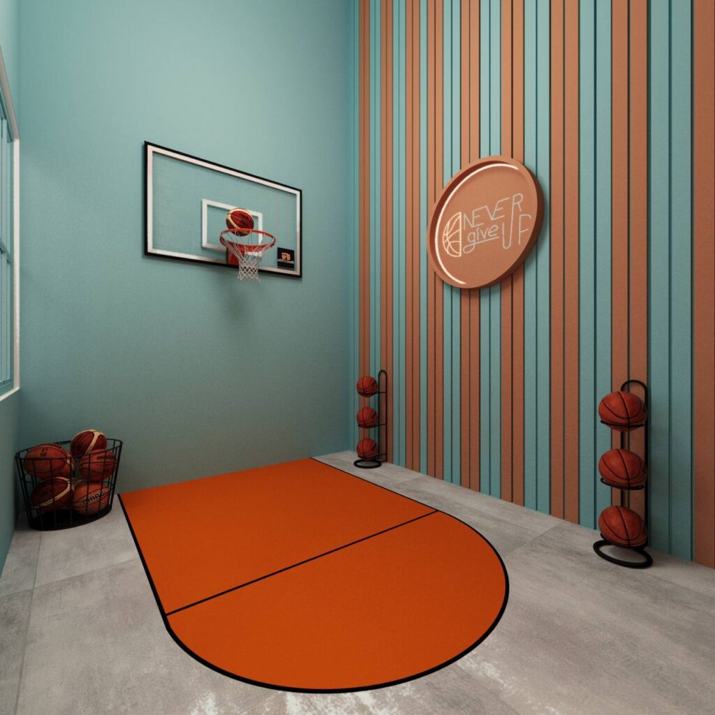 pediatric dental center design with mini basketball court and striped wall