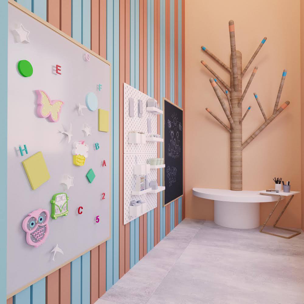 pediatric dental play room with interactive wall activities and pastel colors