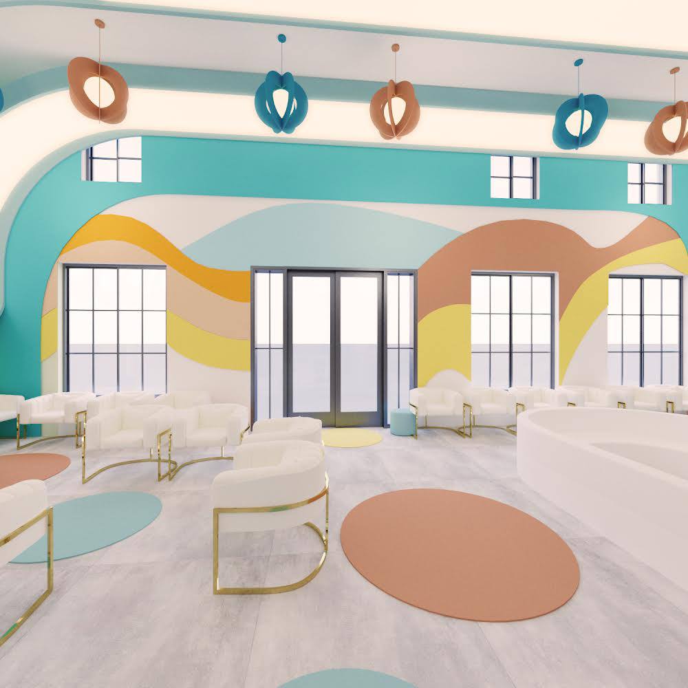pediatric dental center reception with arch details, soft seating, and bright colors