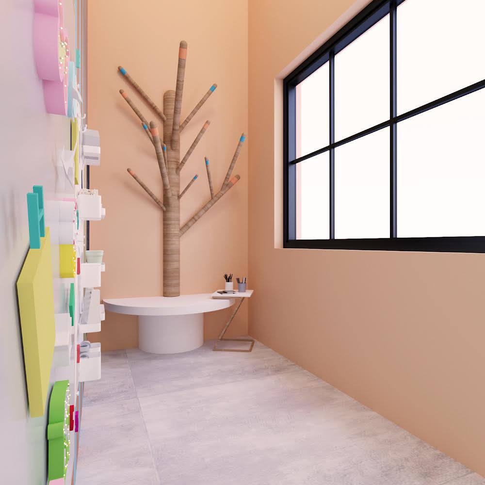 pediatric dental sensory room with activity wall, tree feature, and child-friendly design