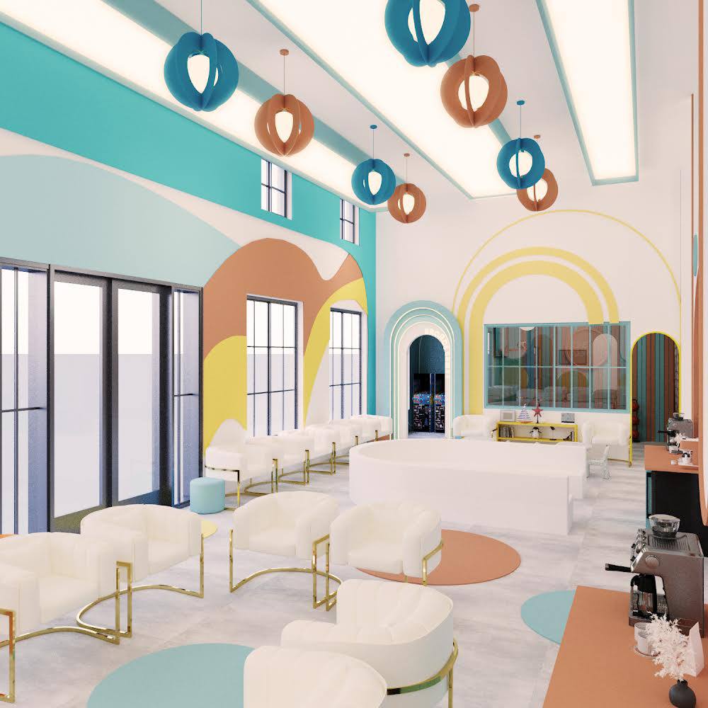 child-friendly dental waiting room with colorful arches and comfortable seating