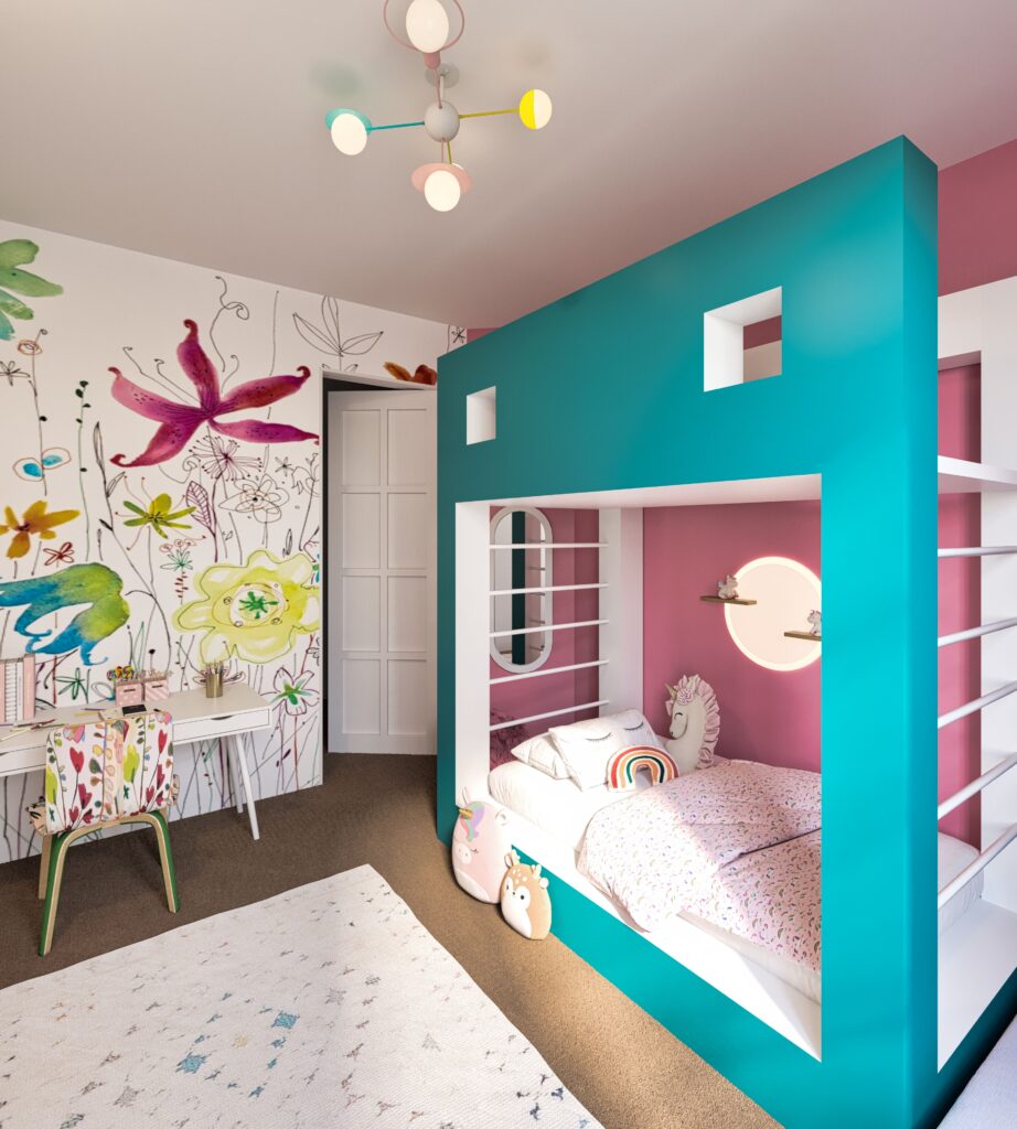 unicorn bunk bed playroom with custom bed floral mural and kids desk area