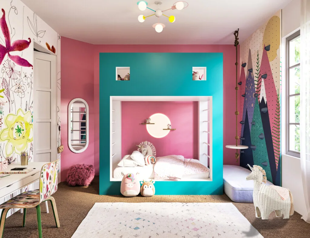 enchanting-unicorn-bunk-bed-playroom 1 front view of unicorn bunk bed playroom with teal bed frame pink walls and climbing wall