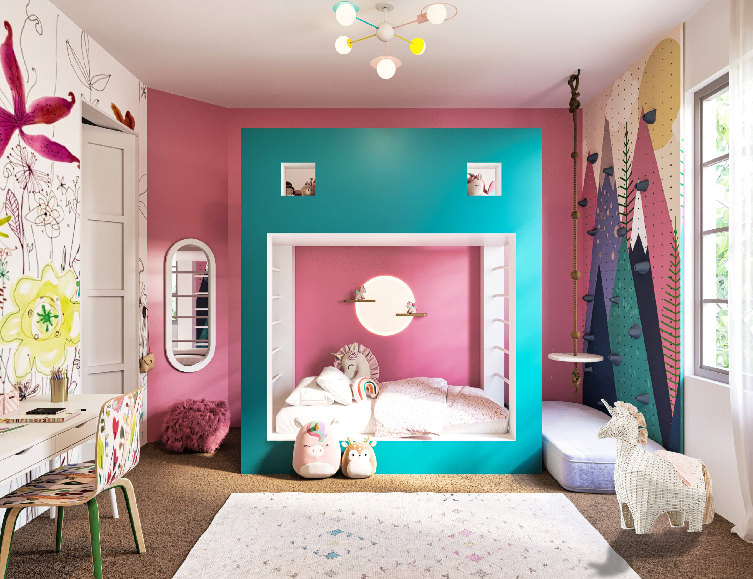 front view of unicorn bunk bed playroom with teal bed frame pink walls and climbing wall