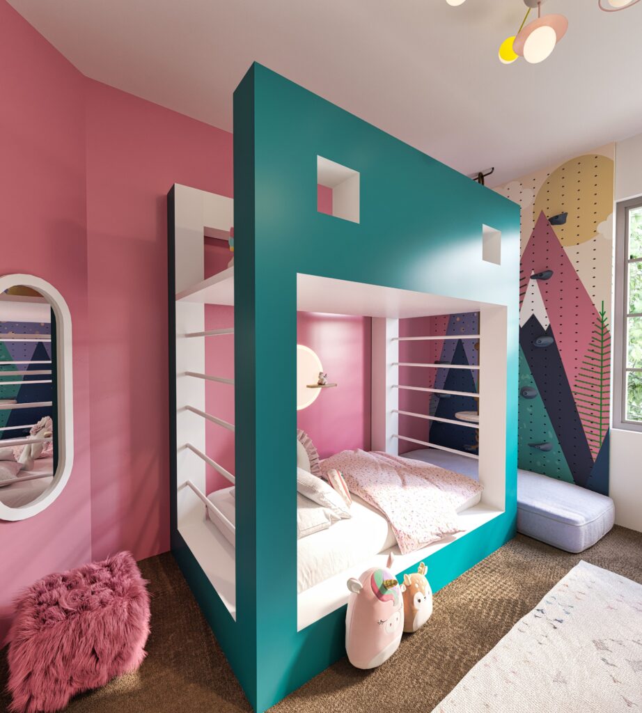 unicorn bunk bed playroom with teal custom bed pink walls and climbing area
