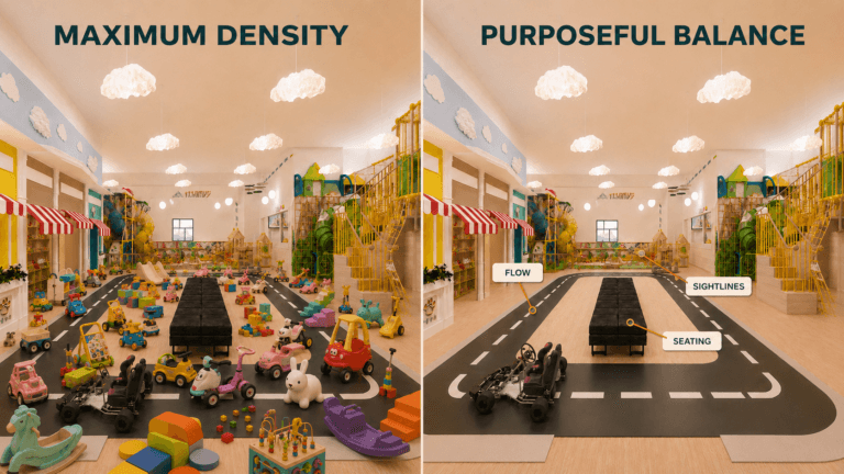 Indoor Playground Equipment Layout: Why More Is Not Better 8 indoor playground equipment layout comparing maximum density with purposeful spatial balance