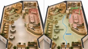 Party Flow Planning for Play Cafés and Indoor Playgrounds 3 party flow planning side-by-side comparison showing a clean play café layout and the same layout with party zone and circulation guide