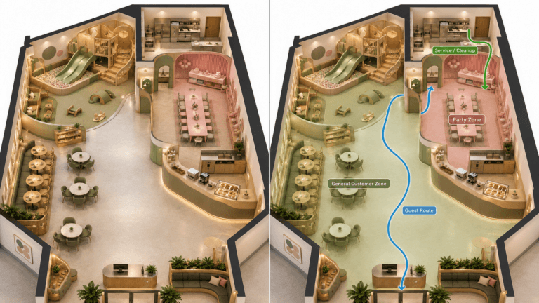 party flow planning side-by-side comparison showing a clean play café layout and the same layout with party zone and circulation guide