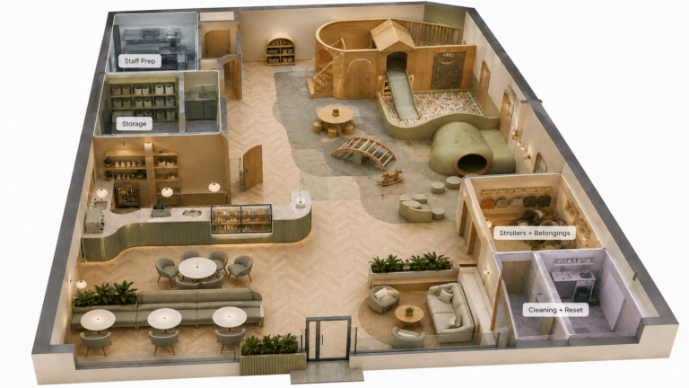 play café support space planning with storage, staff prep, stroller parking, and reset support